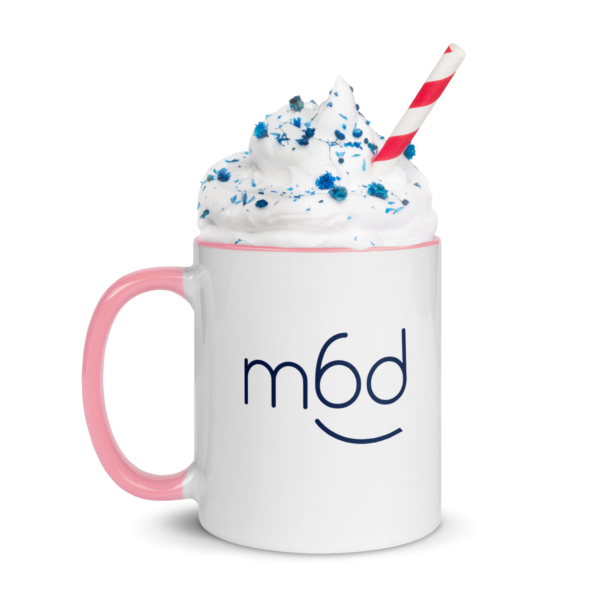 White ceramic m6d Color Mug with colorful rim, handle and interior featuring the m6designer logo